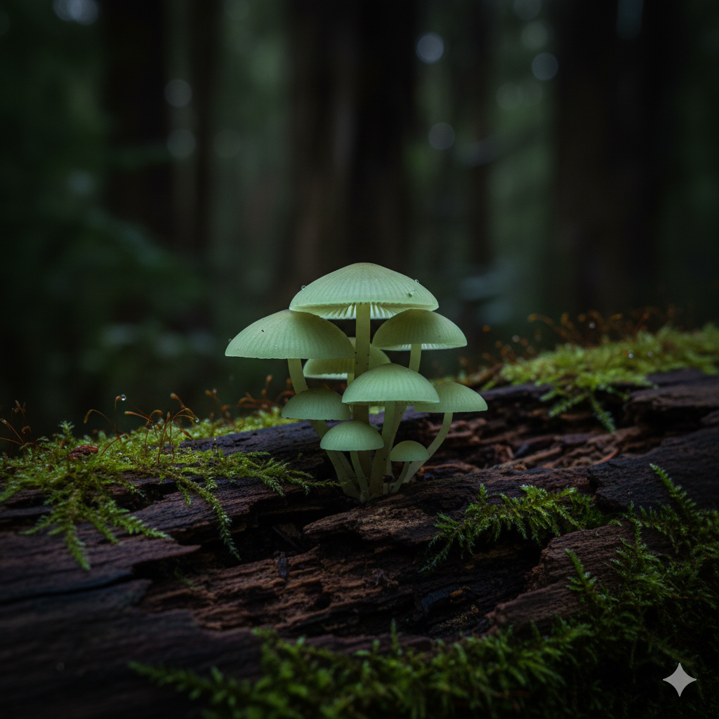 Hongos bioluminiscentes brillando en el suelo de un bosque oscuro